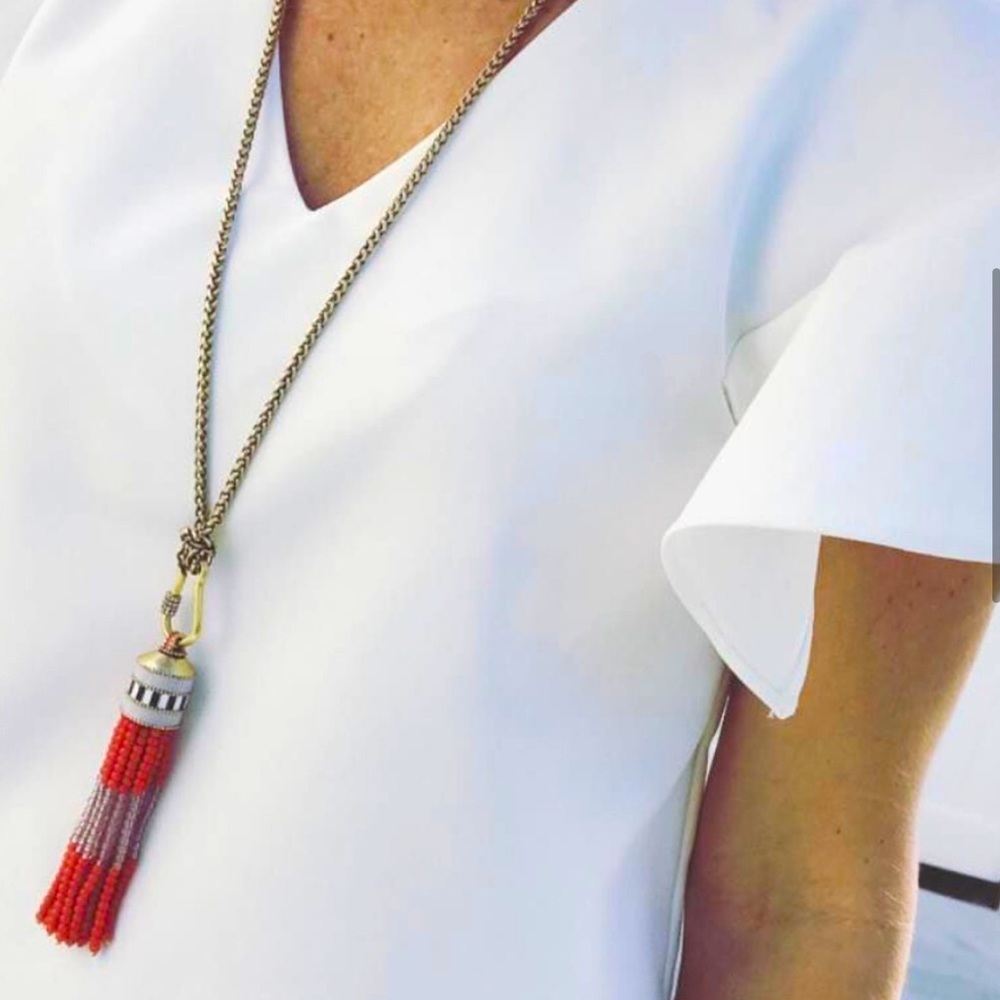 Stella & Dot | Retired Coral Red + Gold Beaded Brio Tassel Necklace - Picture 9 of 12